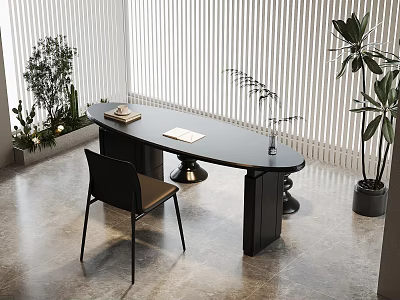 Modern Black Oval Desk With Two Books Decorative Object And Green Plants By Window Blinds 3d model