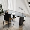 Modern Black Oval Desk With Two Books Decorative Object And Green Plants By Window Blinds