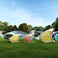 Colorful Wavy Sculptures in Green Grass Field with Trees and Blue Sky