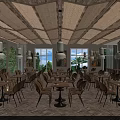Modern Restaurant Interior With Wooden Ceiling Pendant Lights Green Plant Wall And Large Windows