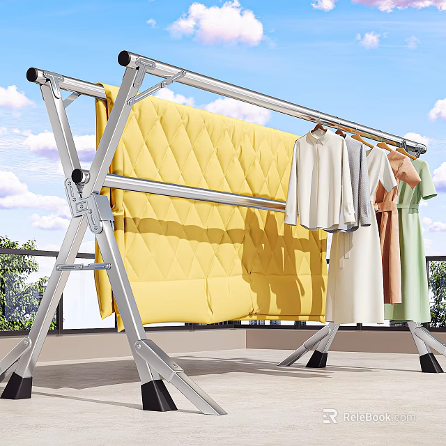 Aluminum Foldable Clothes Drying Rack With Yellow Quilt And Hanging Clothes On Balcony 3d model 