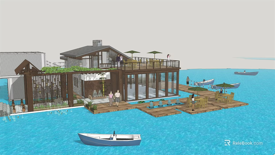 Waterfront Wooden House With Open Terrace Deck And Boats On Blue Water 3d model 