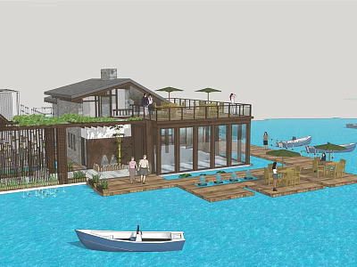Waterfront Wooden House With Open Terrace Deck And Boats On Blue Water 3d model