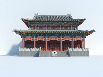 Traditional Chinese Ancient Architecture with Overhanging Eaves Colorful Decorations Red Pillars and Stone Steps 3d model
