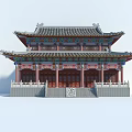 Traditional Chinese Ancient Architecture with Overhanging Eaves Colorful Decorations Red Pillars and Stone Steps