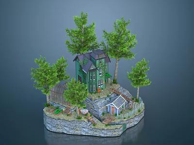 Cartoon Scene Featuring Green House Trees Stone Wall Small Shed And Garden Area 3d model