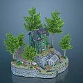 Cartoon Scene Featuring Green House Trees Stone Wall Small Shed And Garden Area