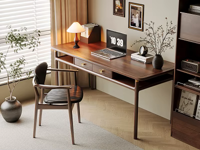 Cozy Home Office With Wooden Desk Chair Laptop Lamp Books And Vase Plants 3d model