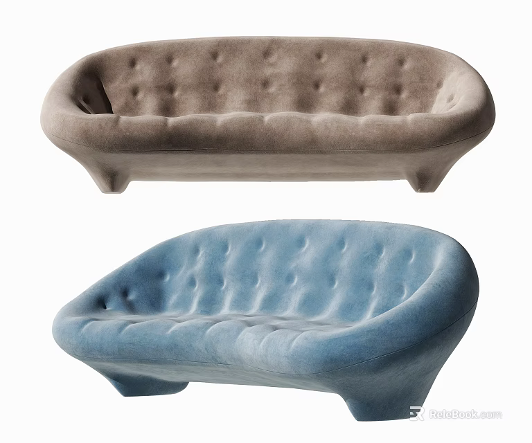 Modern Multi-seat Sofa with Soft Fabric Button Tufted Blue and Beige Color Unique Shape Design 3d model