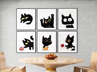 Six Abstract Black Cat Paintings as Wall Art in Living Room with Wooden Table 3d model