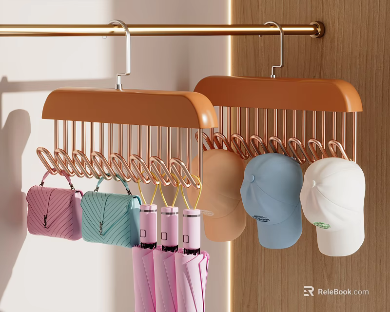 Curved Brown Hangers With Colorful Small Bags Hats And Umbrellas On Golden Rod 3d model 
