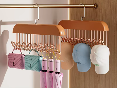 Curved Brown Hangers With Colorful Small Bags Hats And Umbrellas On Golden Rod 3d model
