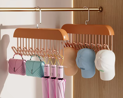 Curved Brown Hangers With Colorful Small Bags Hats And Umbrellas On Golden Rod 3d model