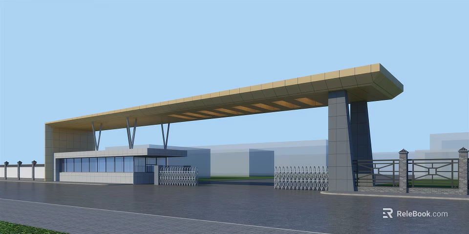 Modern Entrance Gate With Golden Canopy Gray Pillars And Metal Railings 3d model 