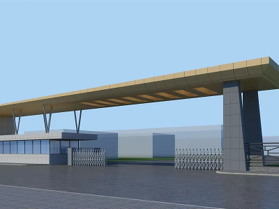 Modern Entrance Gate With Golden Canopy Gray Pillars And Metal Railings 3d model