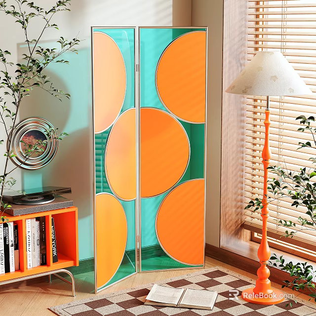 Modern Room Divider With Orange Green Circular Patterns And Acrylic Panels In Interior Space 3d model 