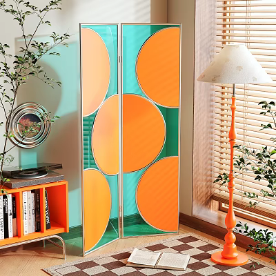 Modern Room Divider With Orange Green Circular Patterns And Acrylic Panels In Interior Space 3d model