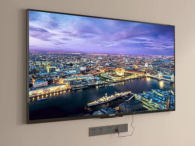 Wall Mounted Television Displaying Stunning City Skyline At Night With River And Lights 3d model