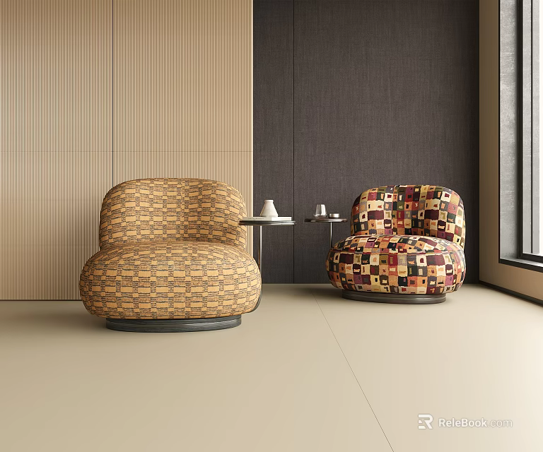 Modern Accent Lounge Chairs With Geometric Colorful Patchwork Design By Side Table And Wall Panels 3d model