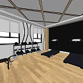 Modern Gym Interior Featuring Wood Panel Walls Wooden Flooring Crossbeam Ceiling Treadmills And Dumbbell Rack