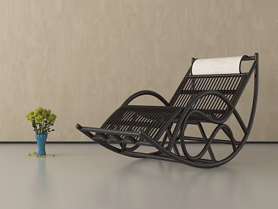 Black Wicker Rocking Chair With Blue Vase And Green Flowers Near Light Wall 3d model