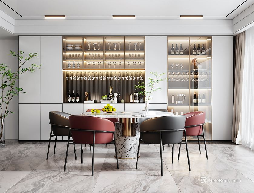 Elegant Modern Restaurant Interior With Round Marble Dining Table Red Black Chairs And Glass Wine Cabinet 3d model 