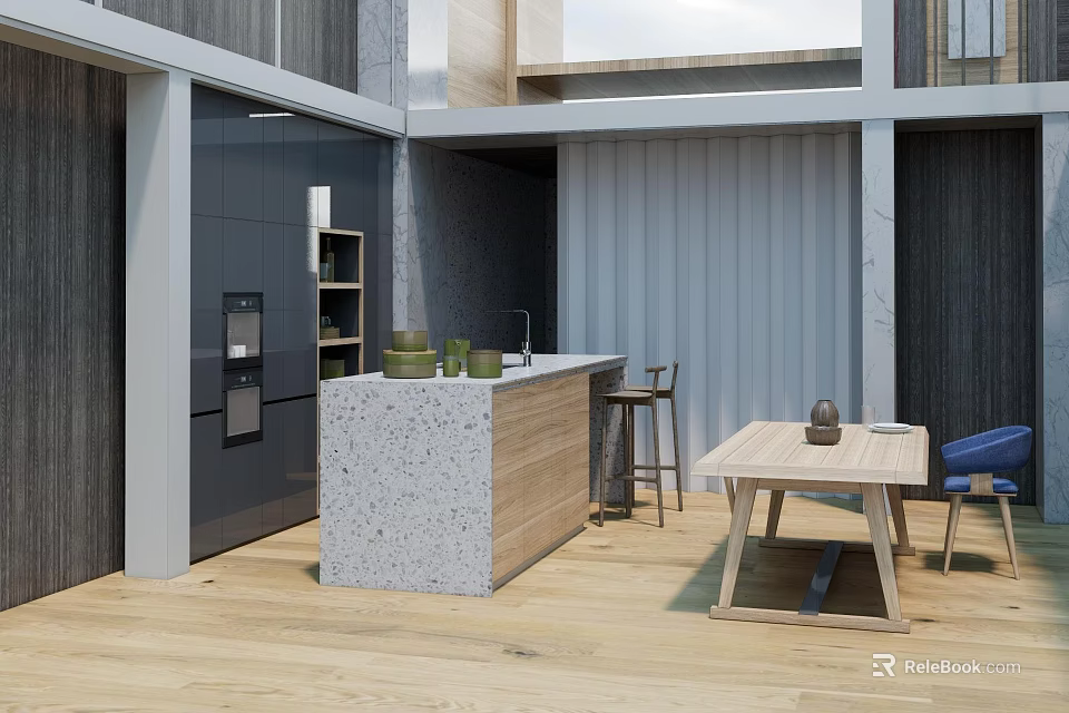 Modern Open Restaurant Kitchen Interior Design With Island Counter Dining Table And Chairs 3d model 