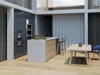 Modern Open Restaurant Kitchen Interior Design With Island Counter Dining Table And Chairs 3d model