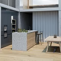 Modern Open Restaurant Kitchen Interior Design With Island Counter Dining Table And Chairs