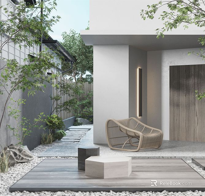 Modern Courtyard Garden With Rattan Chair Wooden Deck Stone Path And Green Plants 3d model 