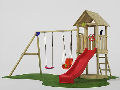 Wooden Garden Playhouse With Swings Red Slide Ladder And Green Grass 3d model