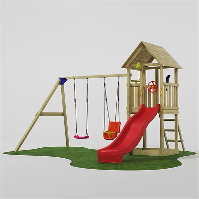 Wooden Garden Playhouse With Swings Red Slide Ladder And Green Grass 3d model