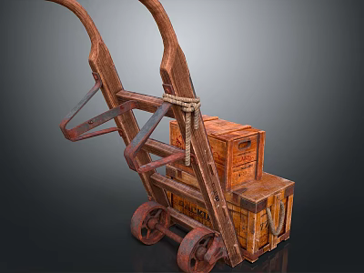 Vintage Wooden Cart With Rustic Wheels And Wooden Crate Loaded 3d model