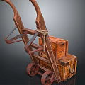 Vintage Wooden Cart With Rustic Wheels And Wooden Crate Loaded