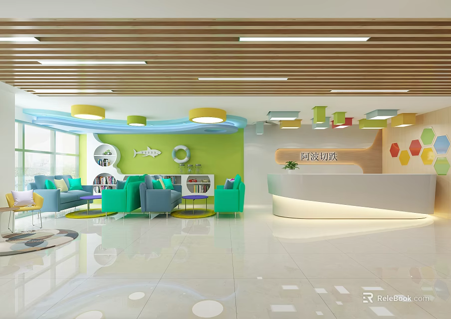 Colorful Kindergarten Interior Design With Reception Desk Green Walls Blue Sofas And Bookshelves 3d model 