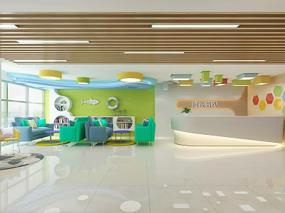 Colorful Kindergarten Interior Design With Reception Desk Green Walls Blue Sofas And Bookshelves 3d model