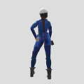 Woman In Blue Work Uniform With White Hard Hat Holding Tool And Knee Pads