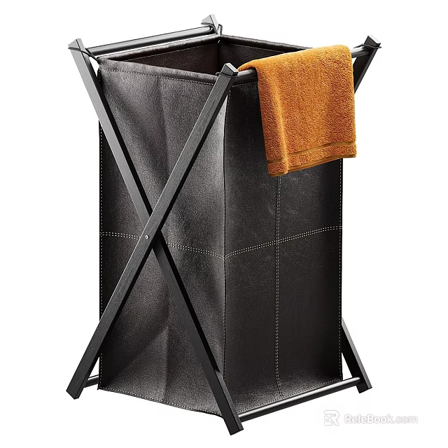 Black Metal X Shaped Laundry Hamper With Orange Towel And Storage Bag 3d model 