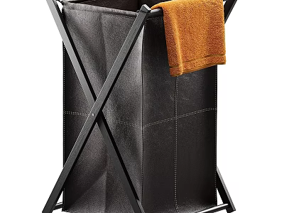 Black Metal X Shaped Laundry Hamper With Orange Towel And Storage Bag 3d model