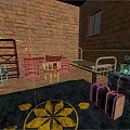 Brick Wall Room Interior With Metal Shelf Red Chair Desk Bed Carpet And Suitcases