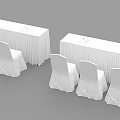 White Tablecloth Covered Long Tables With Three White Chairs Each And Simple Table Items 3d model