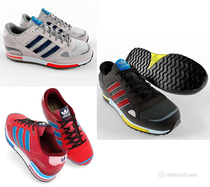 Striped Sports Shoes In Grey Red Black With Wavy Pattern Soles 3d model 