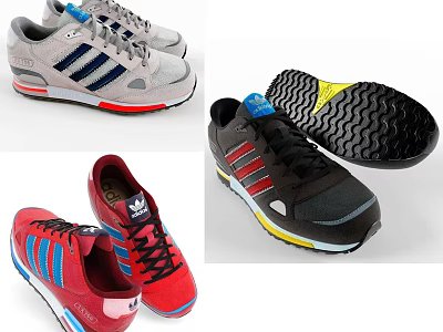 Striped Sports Shoes In Grey Red Black With Wavy Pattern Soles 3d model