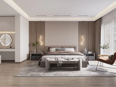 Modern Bedroom Interior Design With Wooden Panel Walls Bedside Nightstands Accent Chair And Rug 3d model