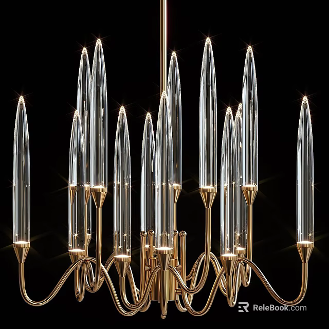 Modern Elegant Chandelier With Transparent Glass Tubes And Golden Metal Frame 3d model 