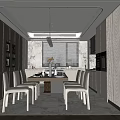 Modern Dining Kitchen Interior With Marble Backsplash Island Cabinets And Hanging Lights