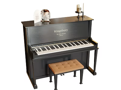 Black Kingsbury Upright Piano With Brown Cushioned Stool And Music Sheets Decorative Items 3d model