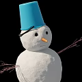 Snowman With Blue Hat Carrot Nose Stick Arms Green Shovel And Wooden Sled