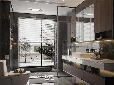 Modern Bathroom Interior Design With Glass Shower Double Vanity And Large Window Blinds 3d model