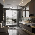 Modern Bathroom Interior Design With Glass Shower Double Vanity And Large Window Blinds
